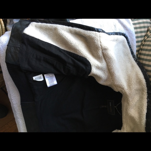 BCBG Black Leather Bomber Jacket with Sherpa Shearling Collar small - Picture 12 of 14